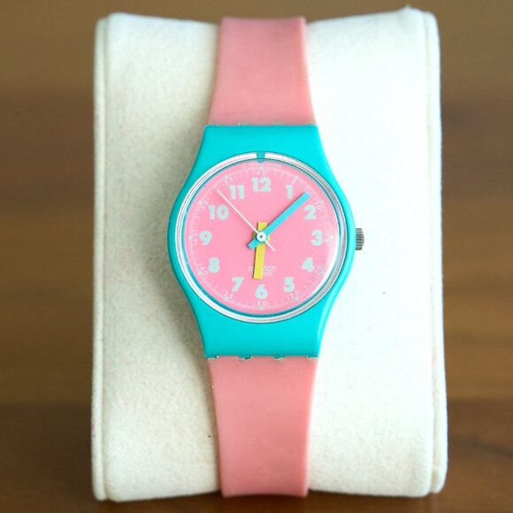 Vintage 1989 Ladies SWATCH 25mm Watch Pink Champagne LL105 Pink Teal Tone WORKS - Picture 1 of 11